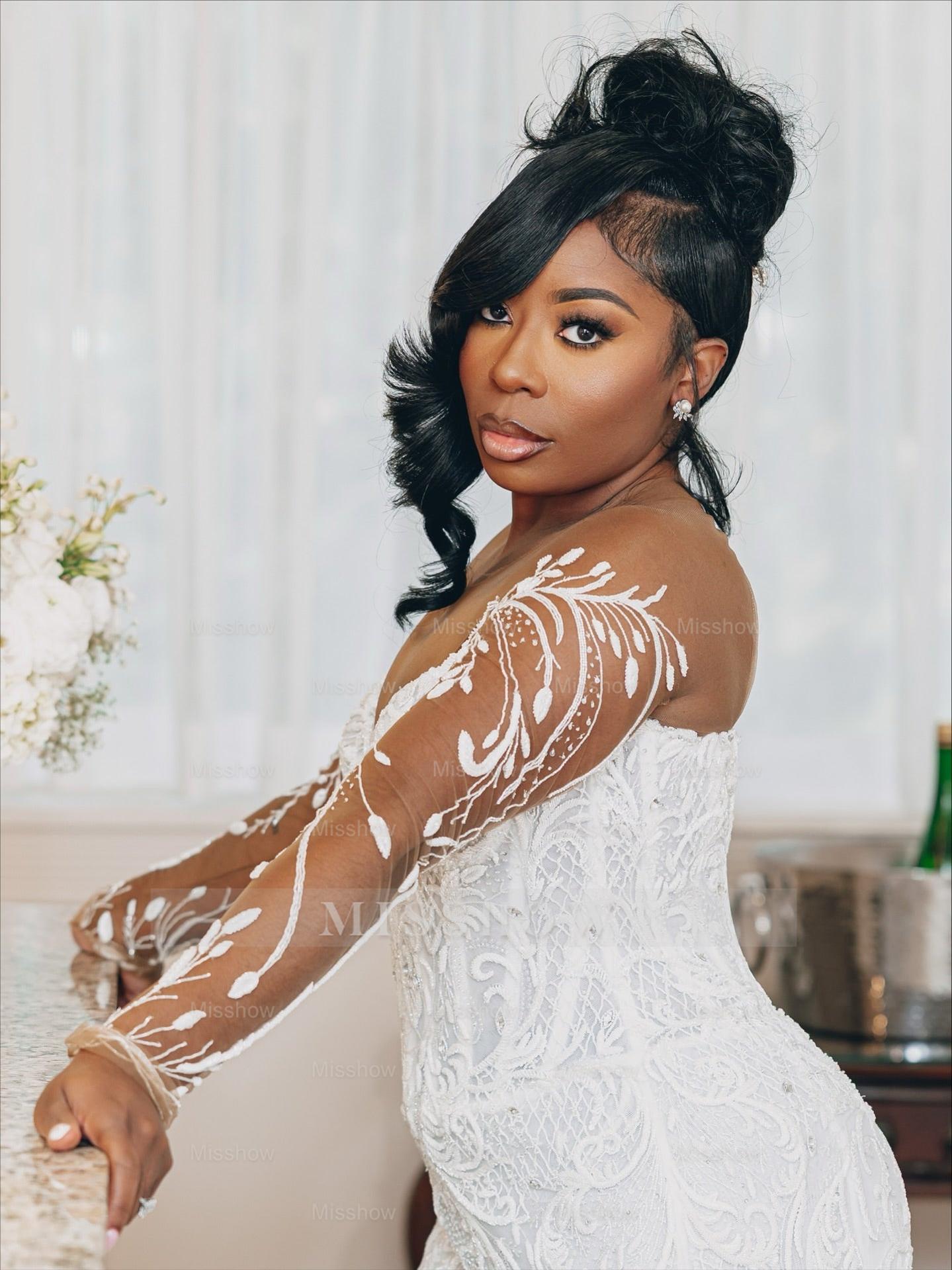 Beautiful Long White Mermaid Lace Tull Wedding Dress with Long Sleeves