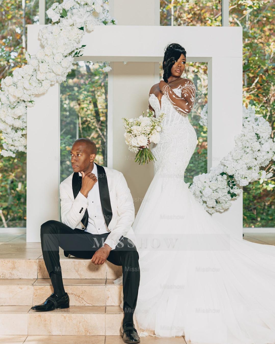 Beautiful Long White Mermaid Lace Tull Wedding Dress with Long Sleeves