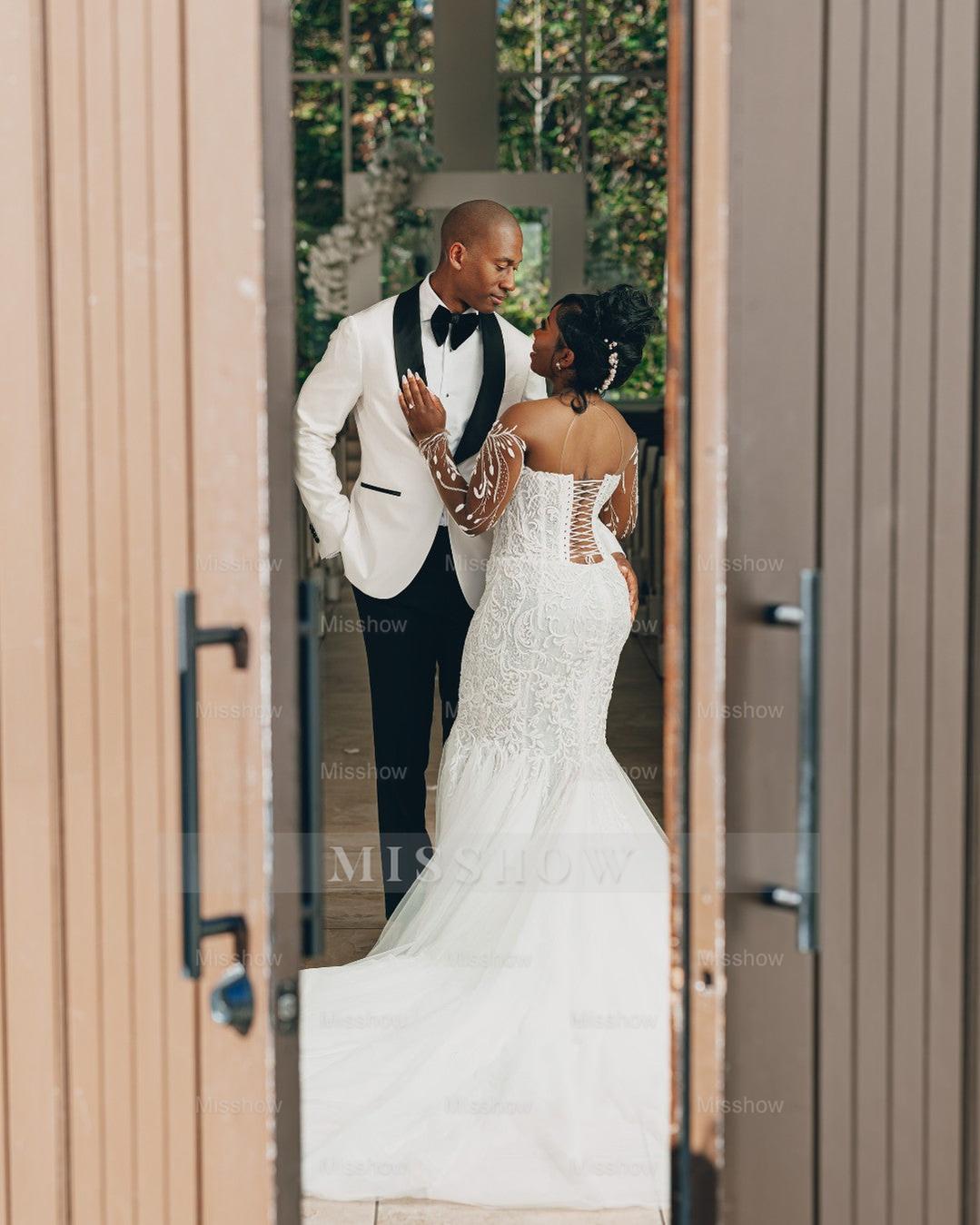 Beautiful Long White Mermaid Lace Tull Wedding Dress with Long Sleeves