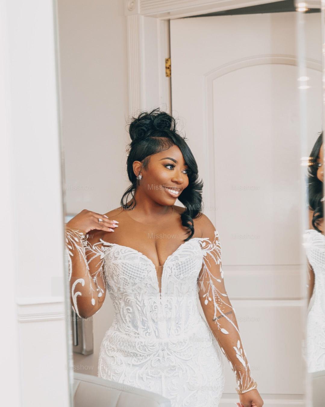 Beautiful Long White Mermaid Lace Tull Wedding Dress with Long Sleeves
