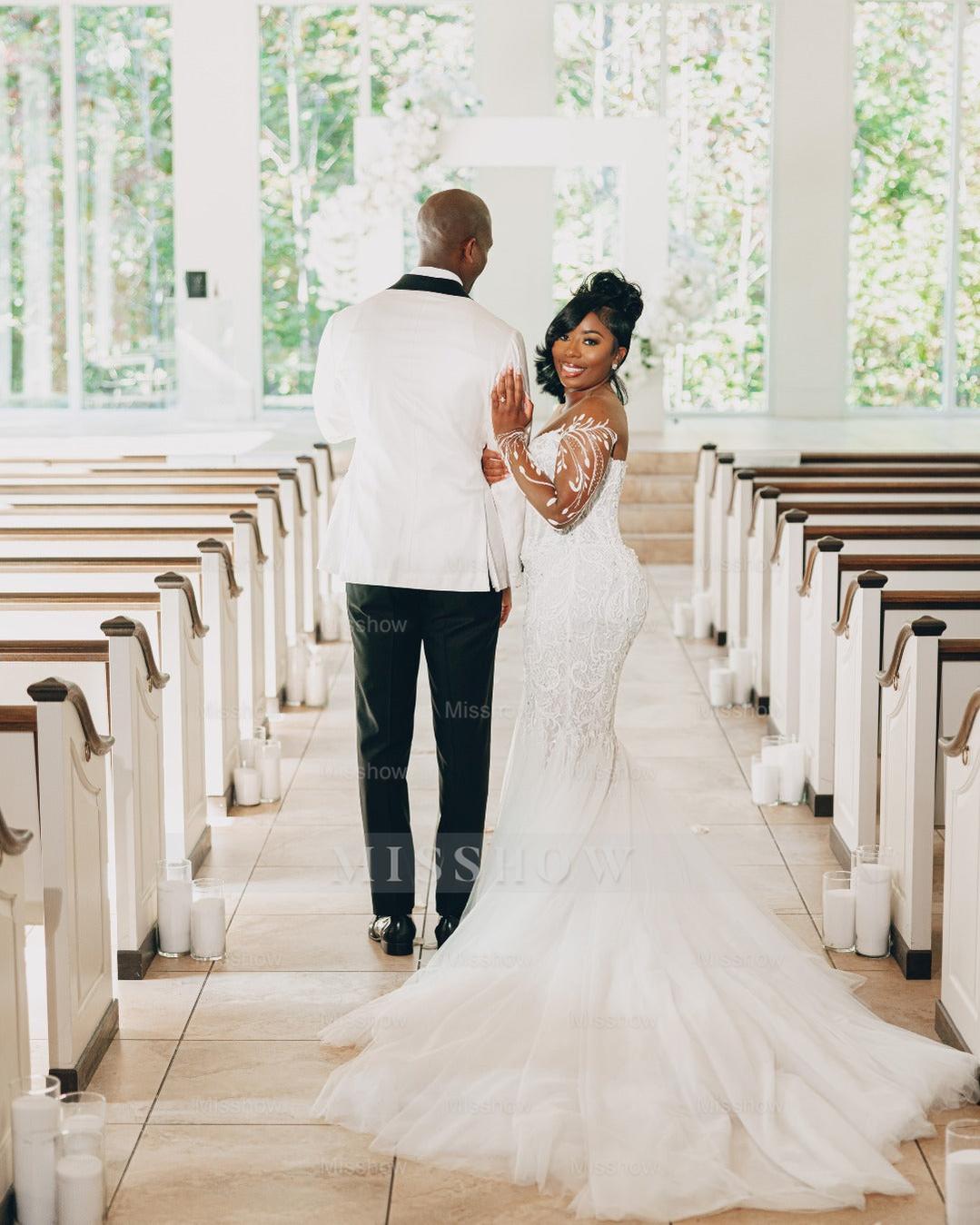 Beautiful Long White Mermaid Lace Tull Wedding Dress with Long Sleeves