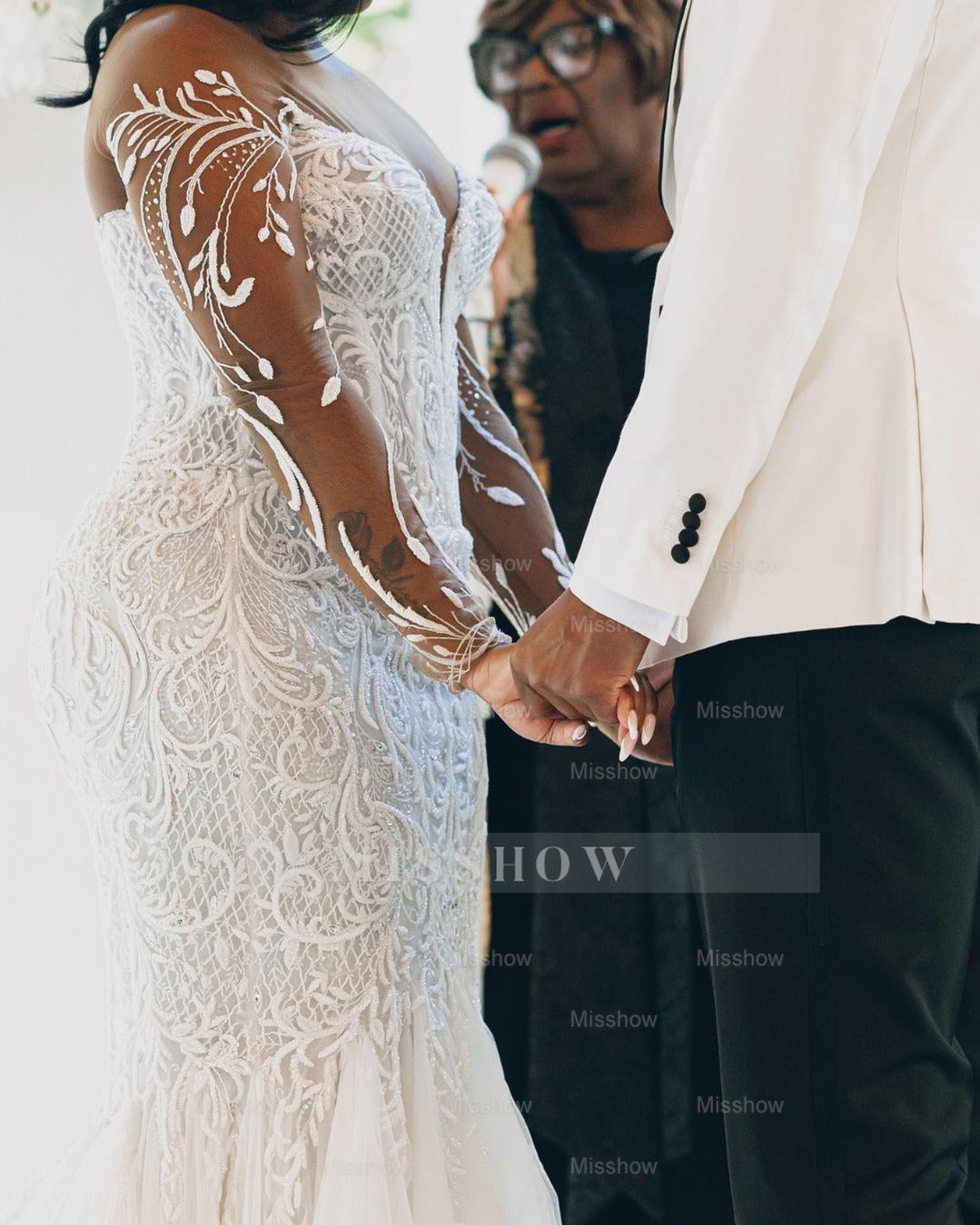 Beautiful Long White Mermaid Lace Tull Wedding Dress with Long Sleeves