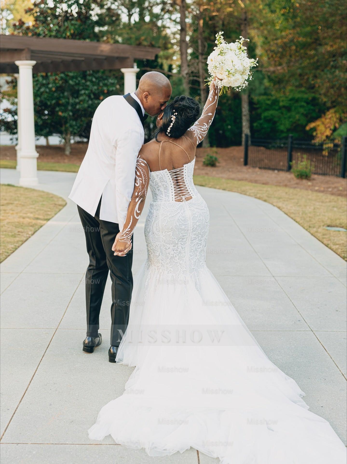 Beautiful Long White Mermaid Lace Tull Wedding Dress with Long Sleeves