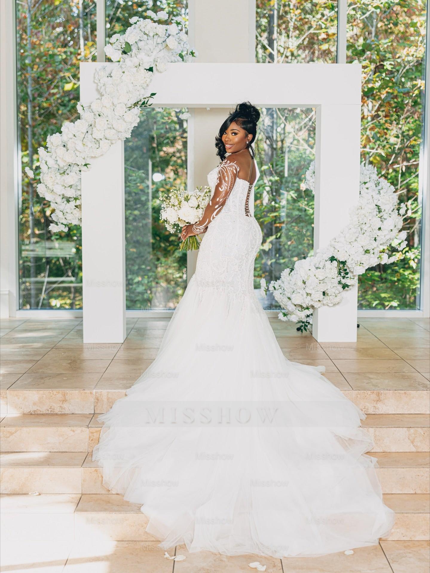 Beautiful Long White Mermaid Lace Tull Wedding Dress with Long Sleeves