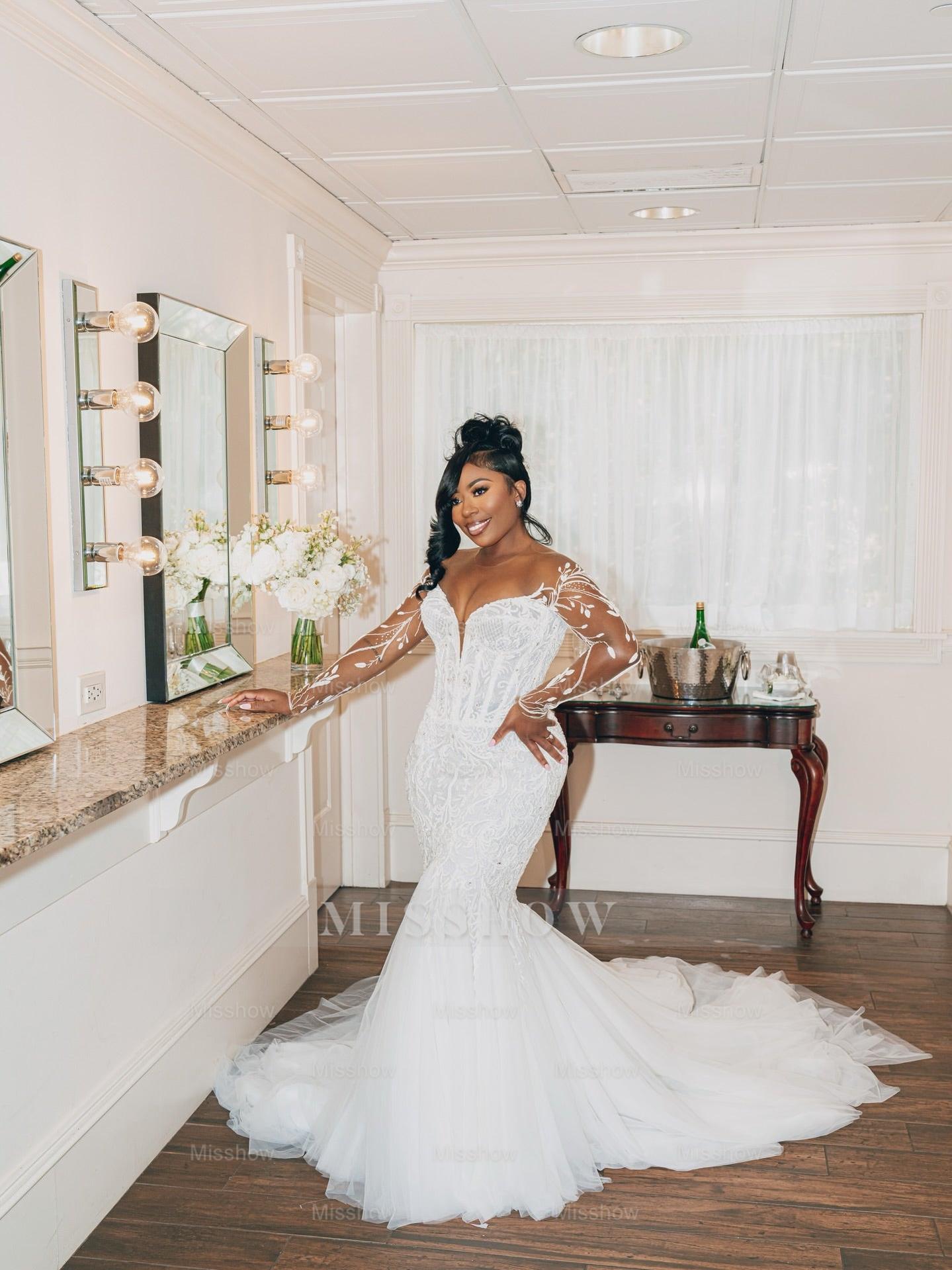 Beautiful Long White Mermaid Lace Tull Wedding Dress with Long Sleeves