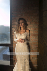 Beautiful Long White Mermaid Off-the-shoulder Lace Appliques Wedding Dress