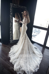 Beautiful Long White Mermaid Off-the-shoulder Lace Appliques Wedding Dress