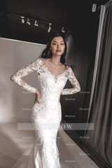 Beautiful Long White Mermaid Off-the-shoulder Lace Appliques Wedding Dress