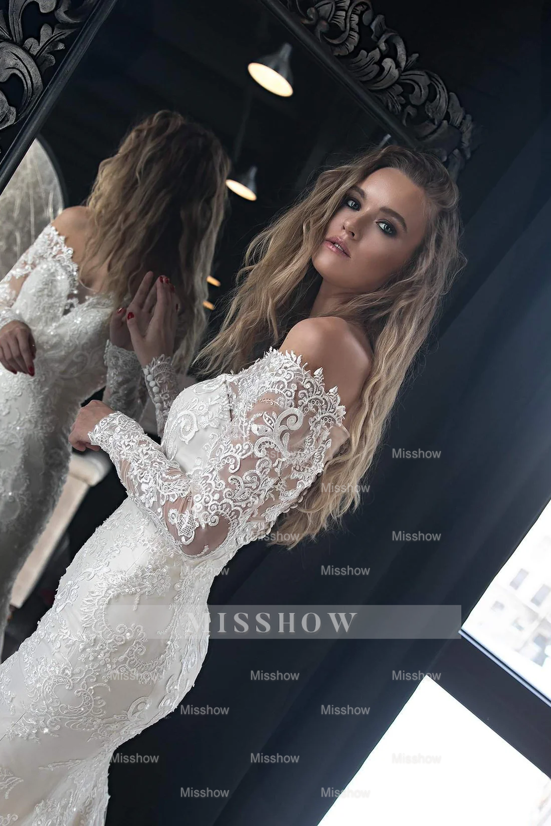 Beautiful Long White Mermaid Off-the-shoulder Lace Appliques Wedding Dress