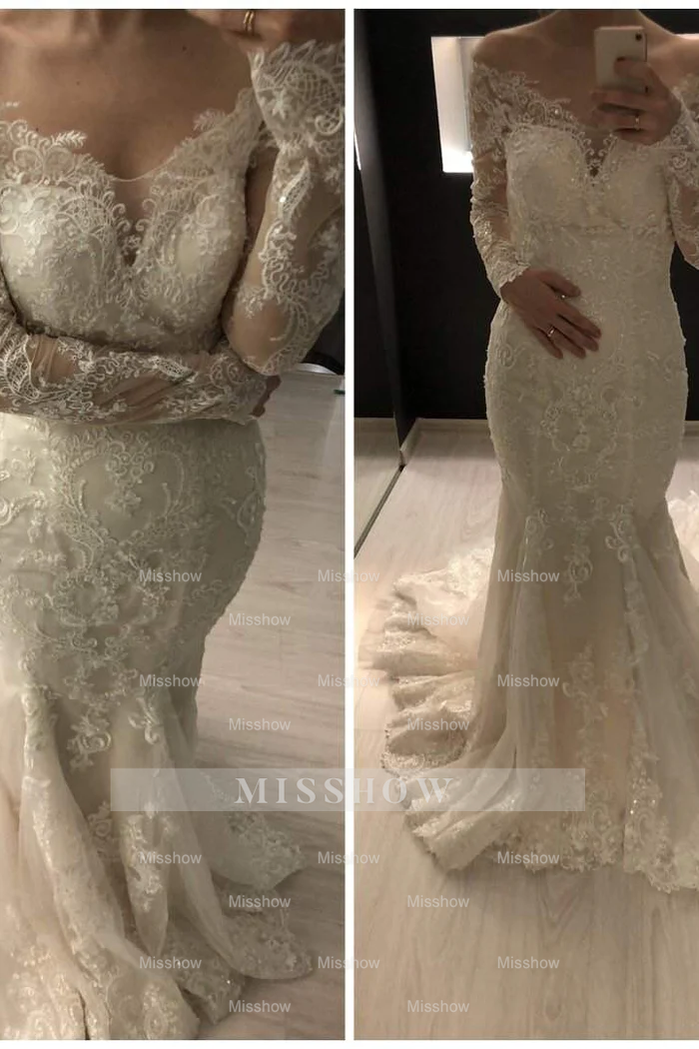 Beautiful Long White Mermaid Off-the-shoulder Lace Appliques Wedding Dress