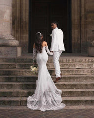 Beautiful Long White Mermaid Off-the-shoulder Lace Corset Wedding Dress with Long Sleeves