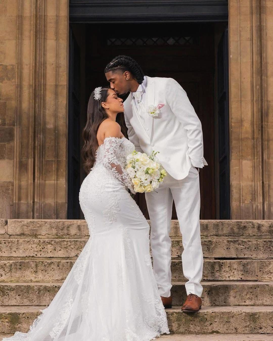 Beautiful Long White Mermaid Off-the-shoulder Lace Corset Wedding Dress with Long Sleeves