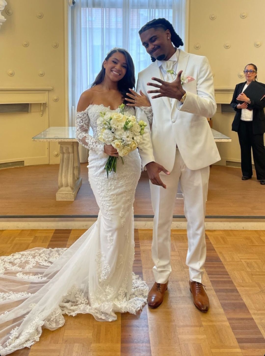 Beautiful Long White Mermaid Off-the-shoulder Lace Corset Wedding Dress with Long Sleeves