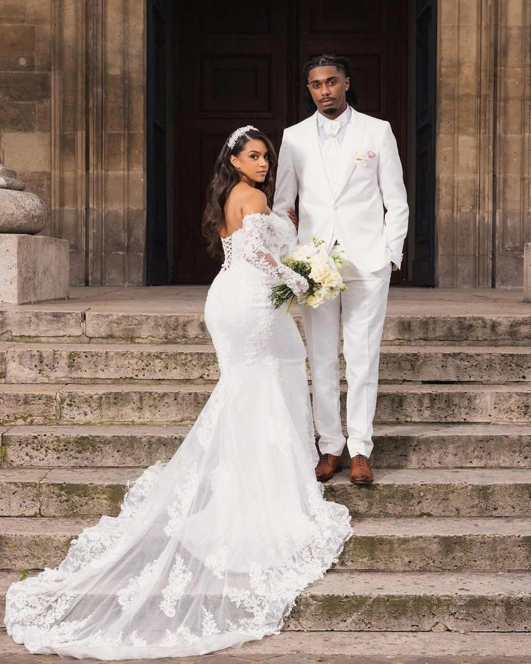 Beautiful Long White Mermaid Off-the-shoulder Lace Corset Wedding Dress with Long Sleeves