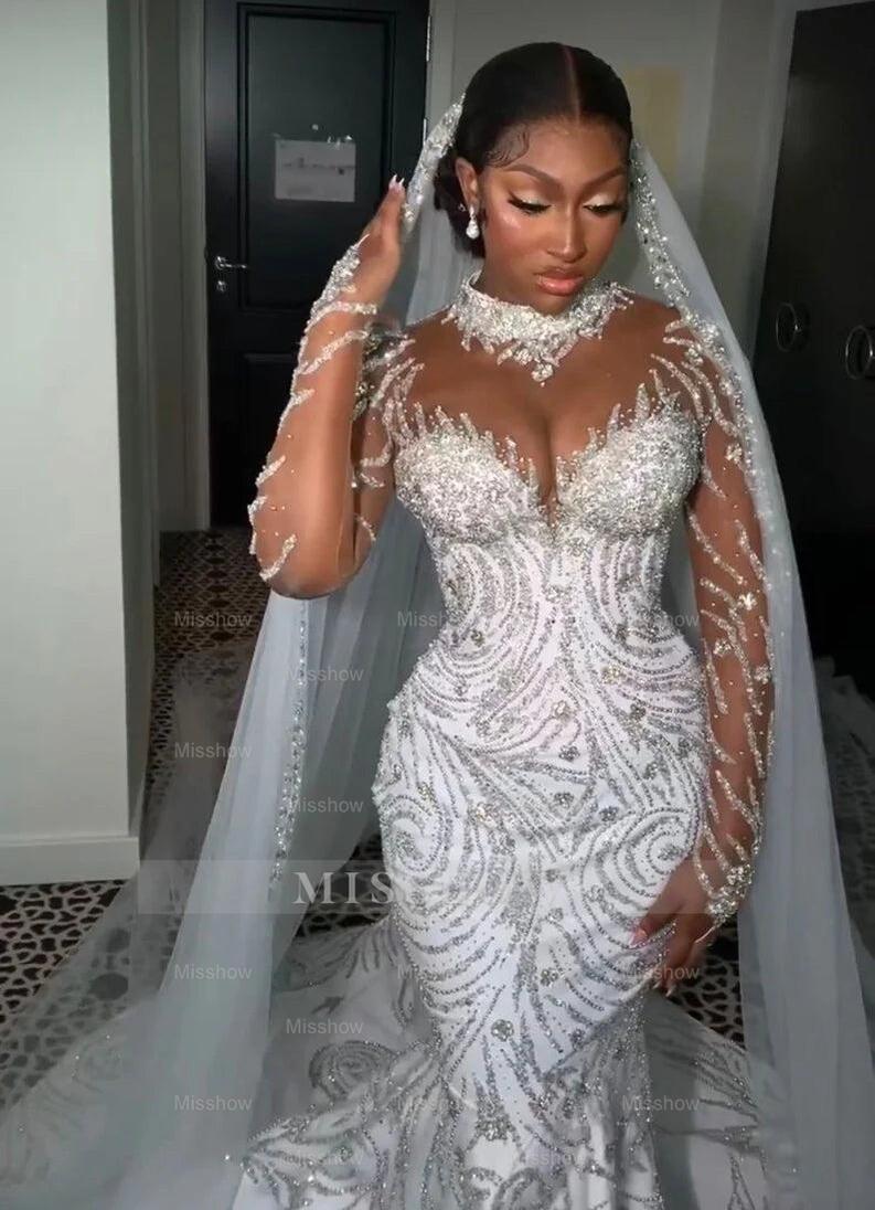 White high neck beaded mermaid wedding dress