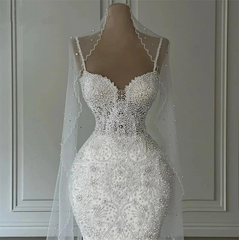 Beautiful Long White Mermaid Sweetheart Beaded Sleeveless Wedding Dress with Pearls