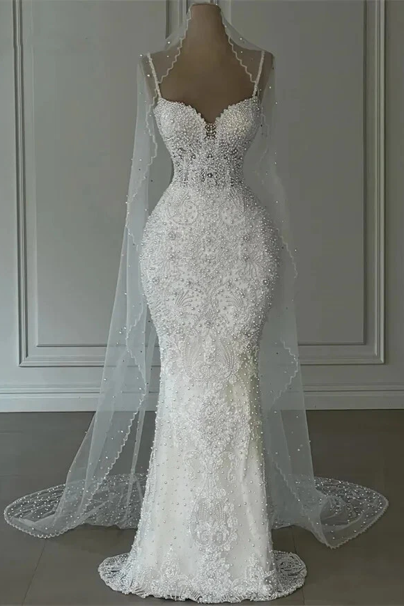 Beautiful Long White Mermaid Sweetheart Beaded Sleeveless Wedding Dress with Pearls