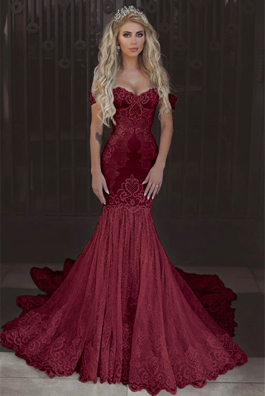 Burgundy off-the-shoulder applique mermaid wedding dress