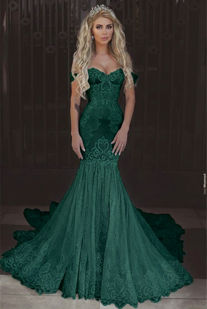 Dark green off-the-shoulder applique mermaid wedding dress