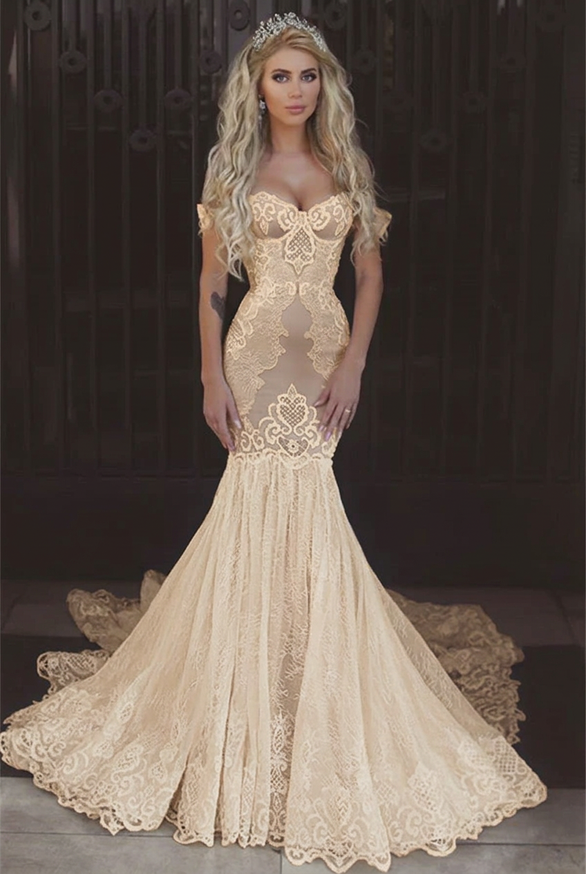 Champagne off-the-shoulder applique mermaid wedding dress