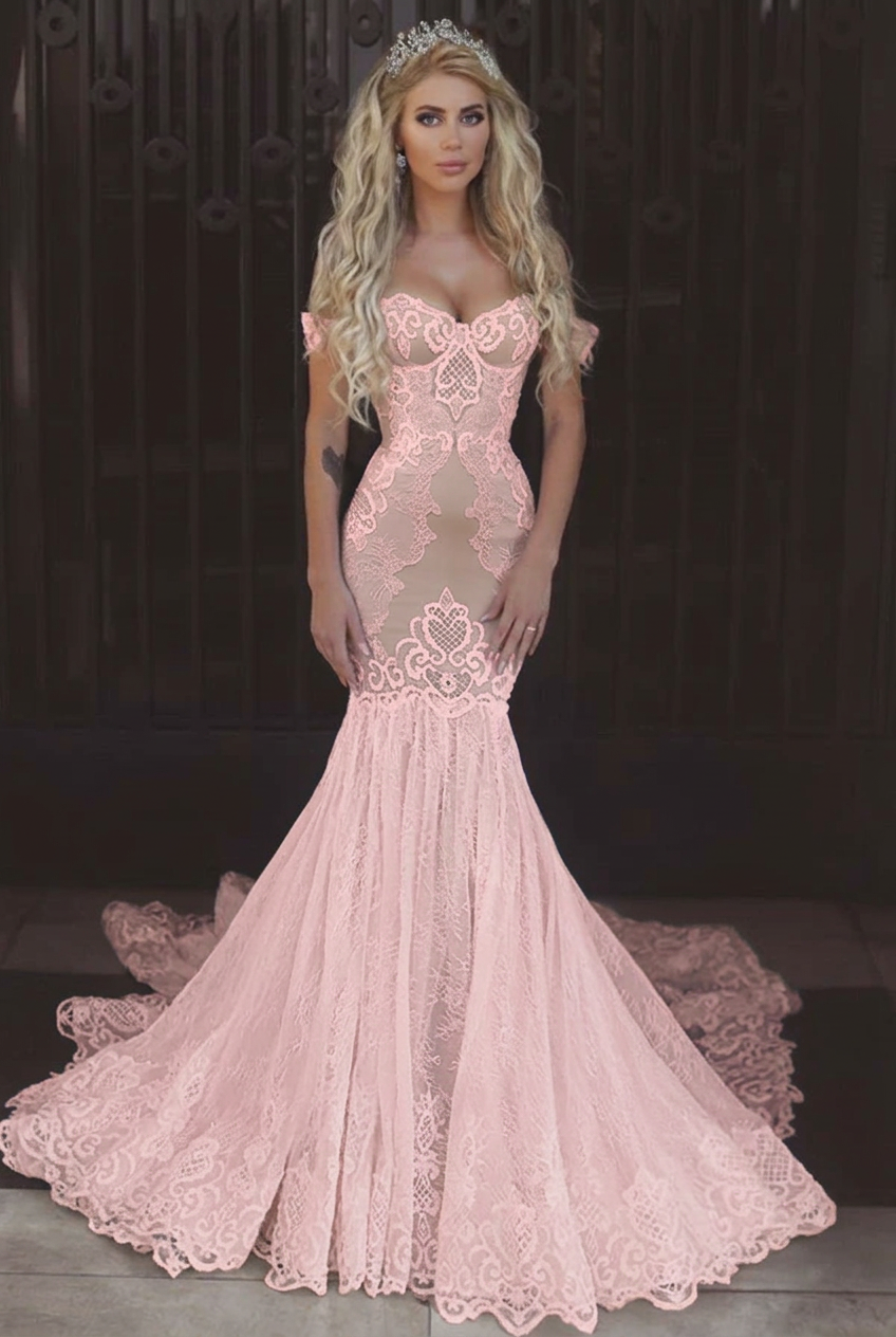 Blushing pink off-the-shoulder applique mermaid wedding dress
