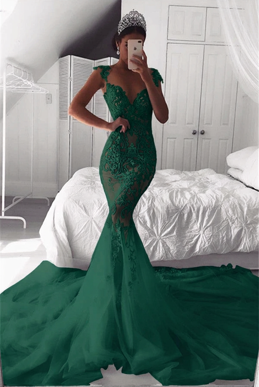 Dark green sweetheart applique mermaid wedding dress