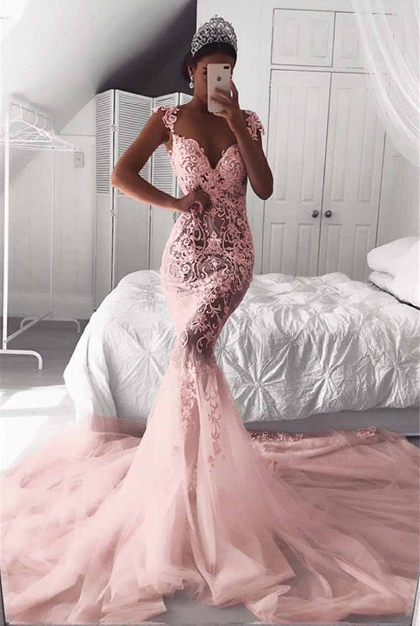 Blushing pink sweetheart applique mermaid wedding dress