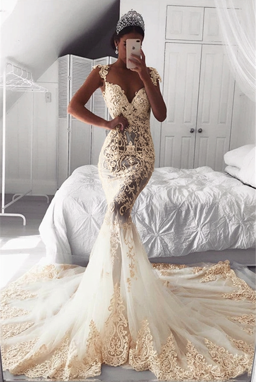 Champagne sweetheart applique mermaid wedding dress