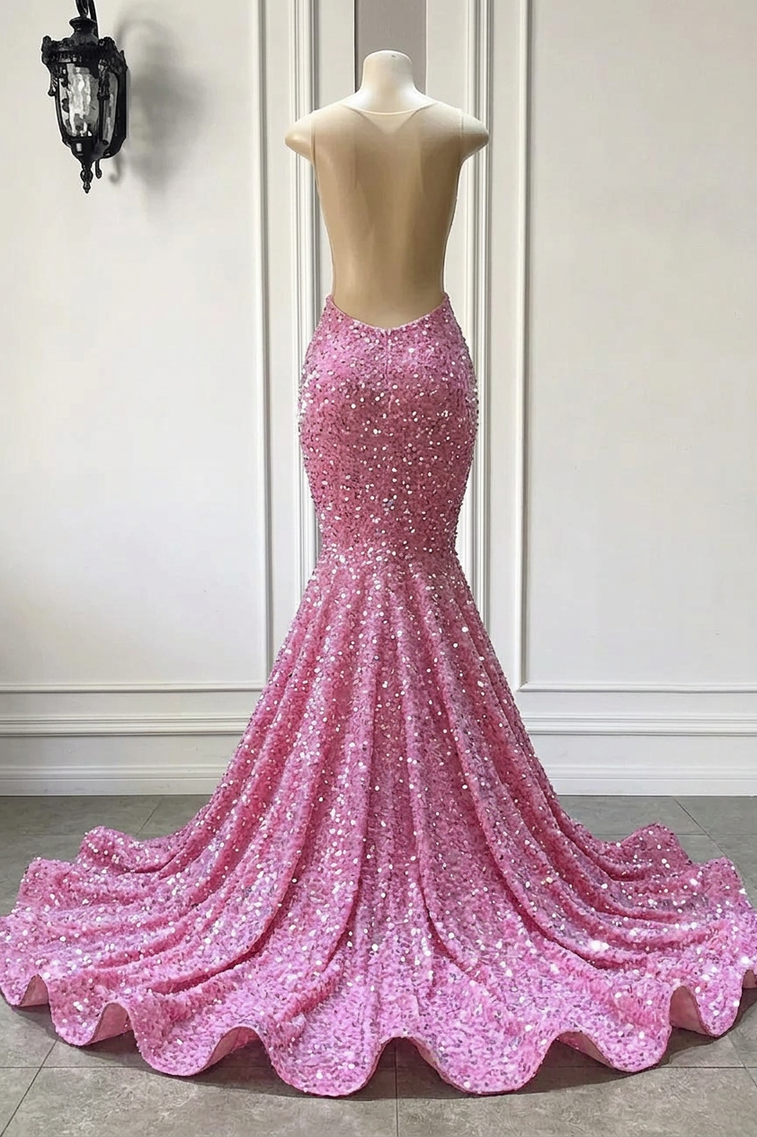 Beautiful Pink Sequined Sleeveless Straps Floor Length Beading Mermaid Prom Dress
