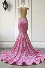 Beautiful Pink Sequined Sleeveless Straps Floor Length Beading Mermaid Prom Dress