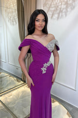 Beautiful Purple Column V-Neck Off-The-Shoulder Beaded Sleeveless Ruffle Long Tulle Evening Dresses With Rhinestone