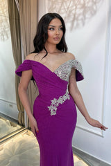 Beautiful Purple Column V-Neck Off-The-Shoulder Beaded Sleeveless Ruffle Long Tulle Evening Dresses With Rhinestone