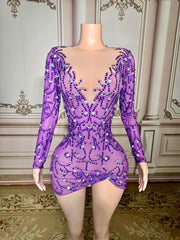 Beautiful Purple Crew Column Beaded Homecoming Dress Long Sleeve Short Tulle Mini Dresses With Rhinestones