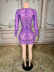 Beautiful Purple Crew Column Beaded Homecoming Dress Long Sleeve Short Tulle Mini Dresses With Rhinestones