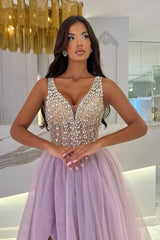 Beautiful Purple V-Neck A-Line Spaghetti Strap Beaded Sleeveless Tulle Evening Dresses With Rhinestone