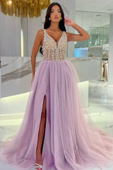 Beautiful Purple V-Neck A-Line Spaghetti Strap Beaded Sleeveless Tulle Evening Dresses With Rhinestone
