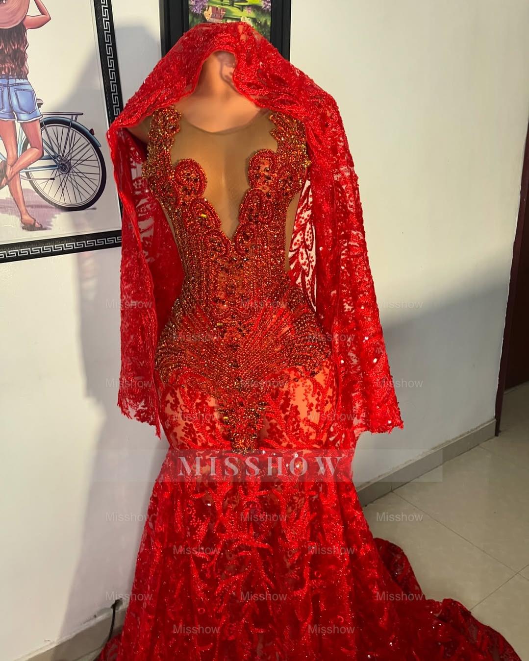 Beautiful Red Mermaid Sleeveless Beaded Lace Long Prom Dress with Veil misshow.com Beautiful Red Mermaid Sleeveless Beaded Lace Long Prom Dress with Veil misshow.com