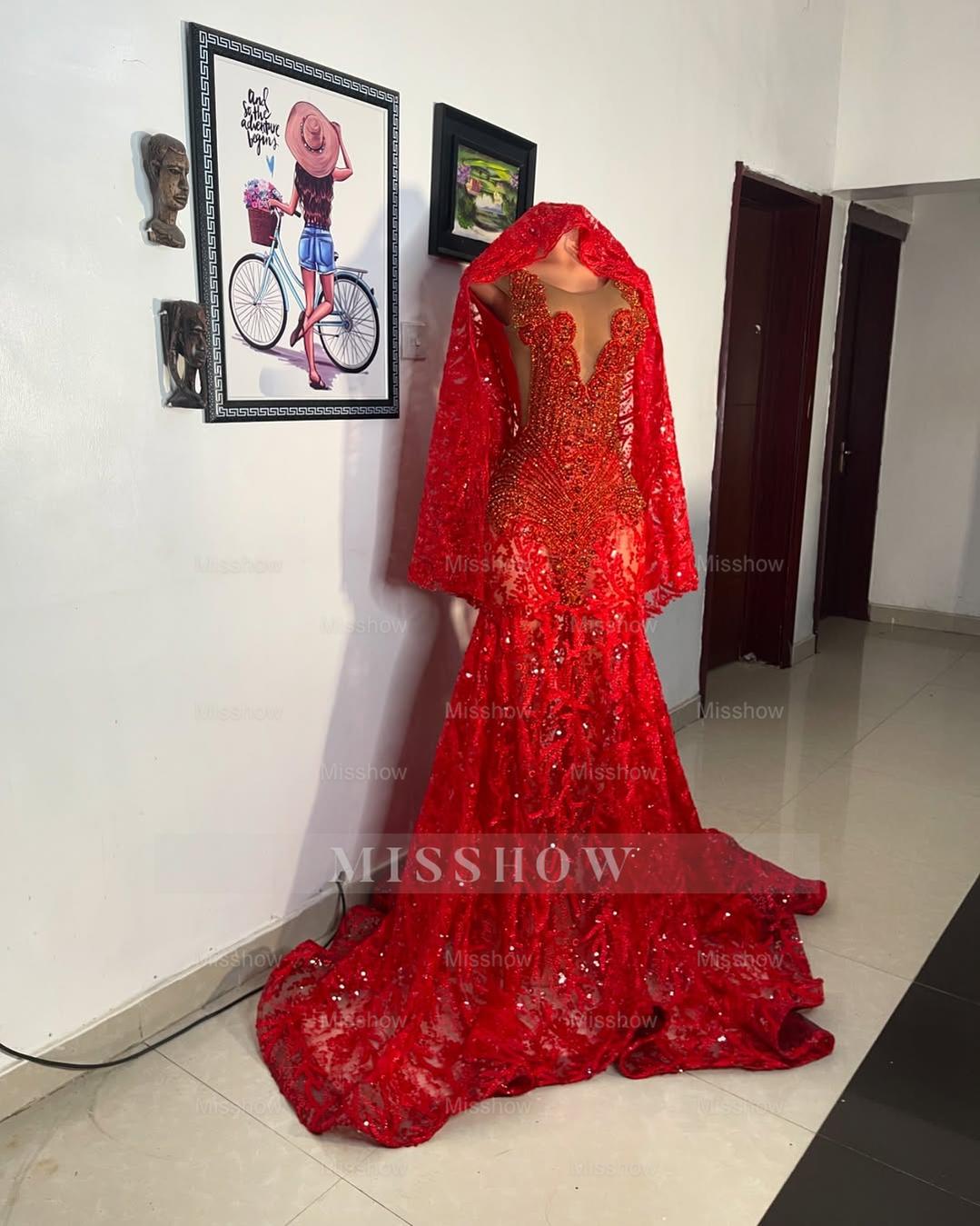 Beautiful Red Mermaid Sleeveless Beaded Lace Long Prom Dress with Veil