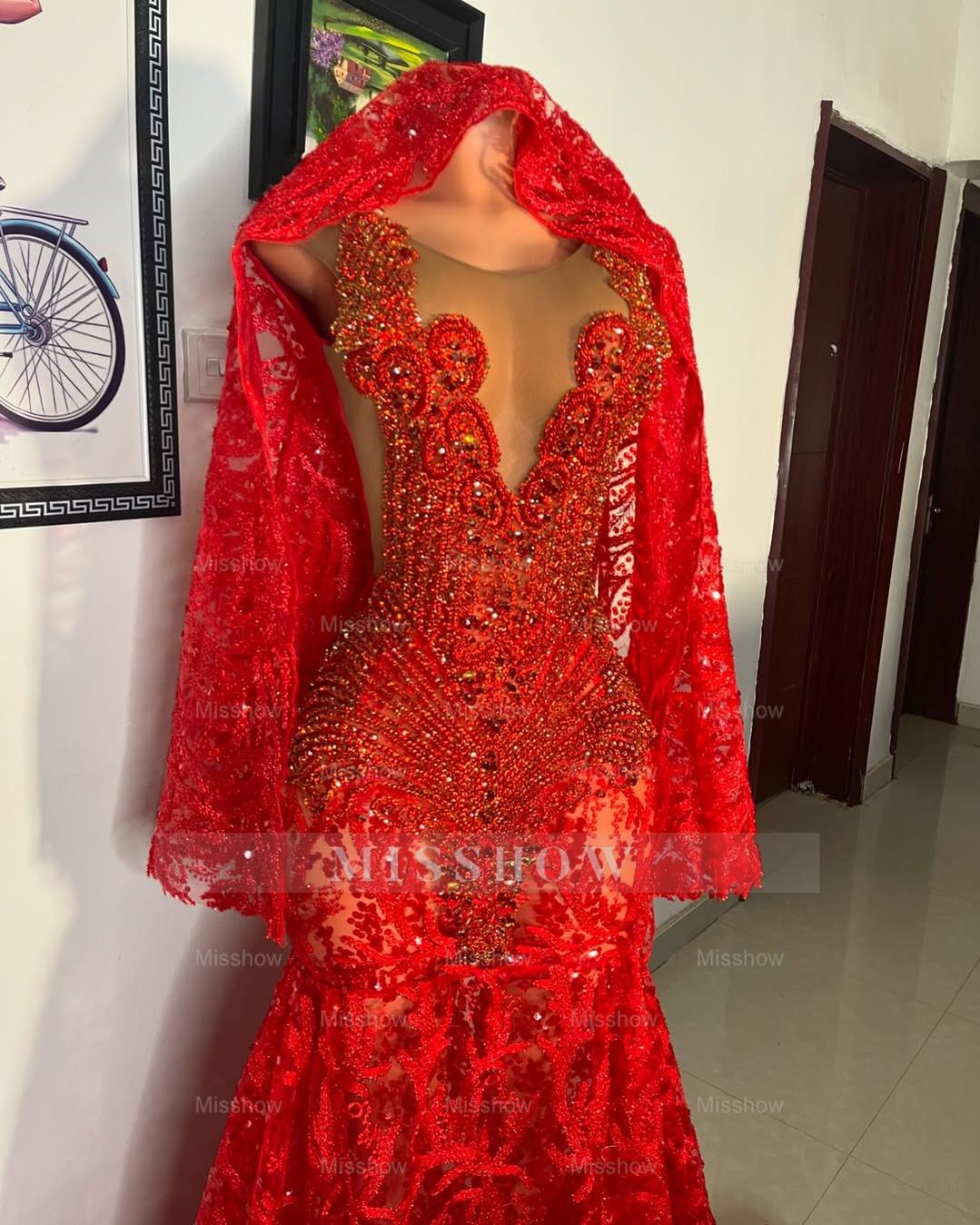 Red v-neck beaded mermaid prom dress