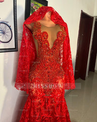 Red v-neck beaded mermaid prom dress