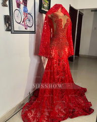Red v-neck beaded mermaid prom dress