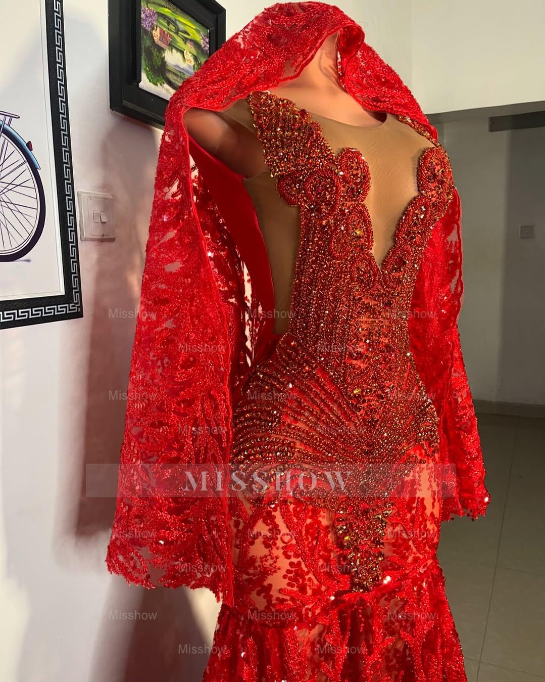 Red v-neck beaded mermaid prom dress