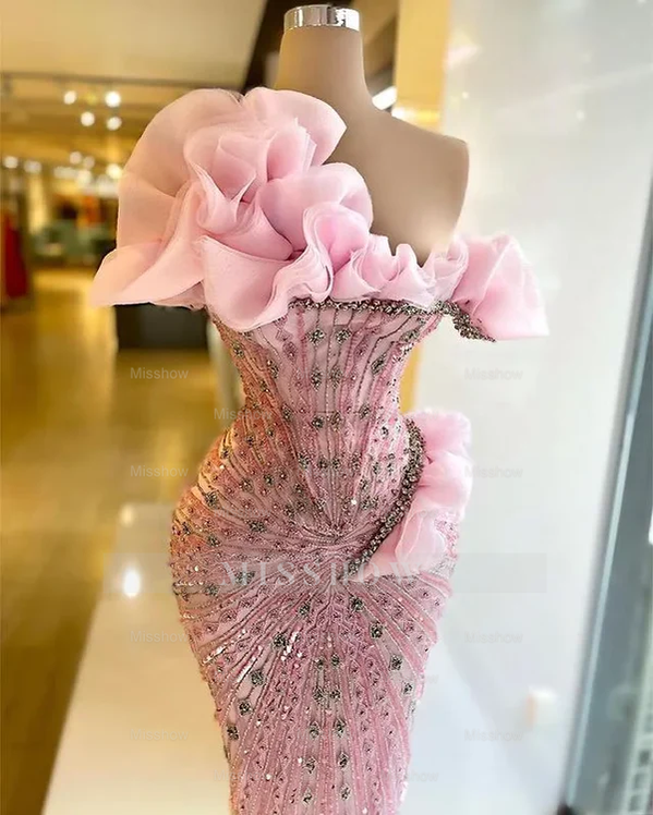Beautiful Sheath Strapless Pink Long Prom Dresses Evening Dress With Beads