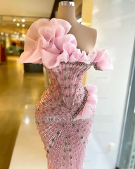 Beautiful Sheath Strapless Pink Long Prom Dresses Evening Dress With Beads