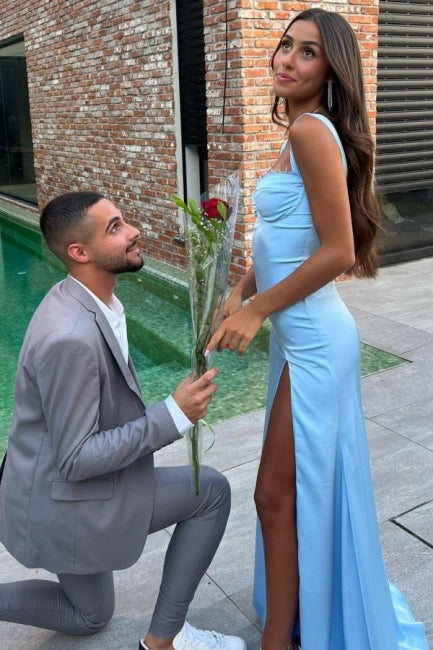 Beautiful Sky Blue Mermaid Sweetheart Spaghetti Strap Sleeveless Split Front Simple Satin Evening Dresses