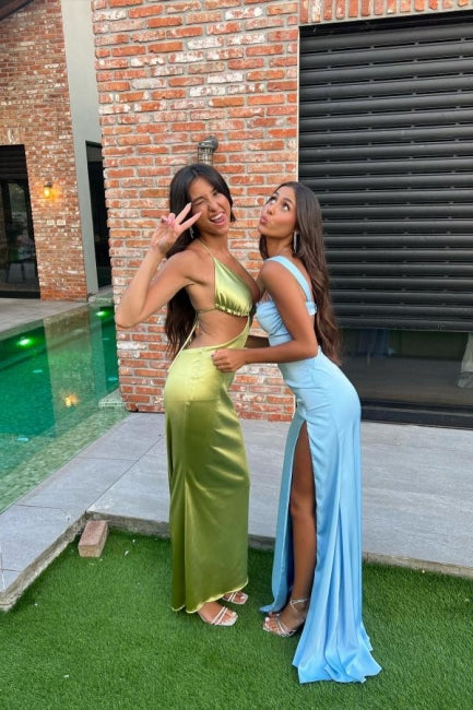 Beautiful Sky Blue Mermaid Sweetheart Spaghetti Strap Sleeveless Split Front Simple Satin Evening Dresses