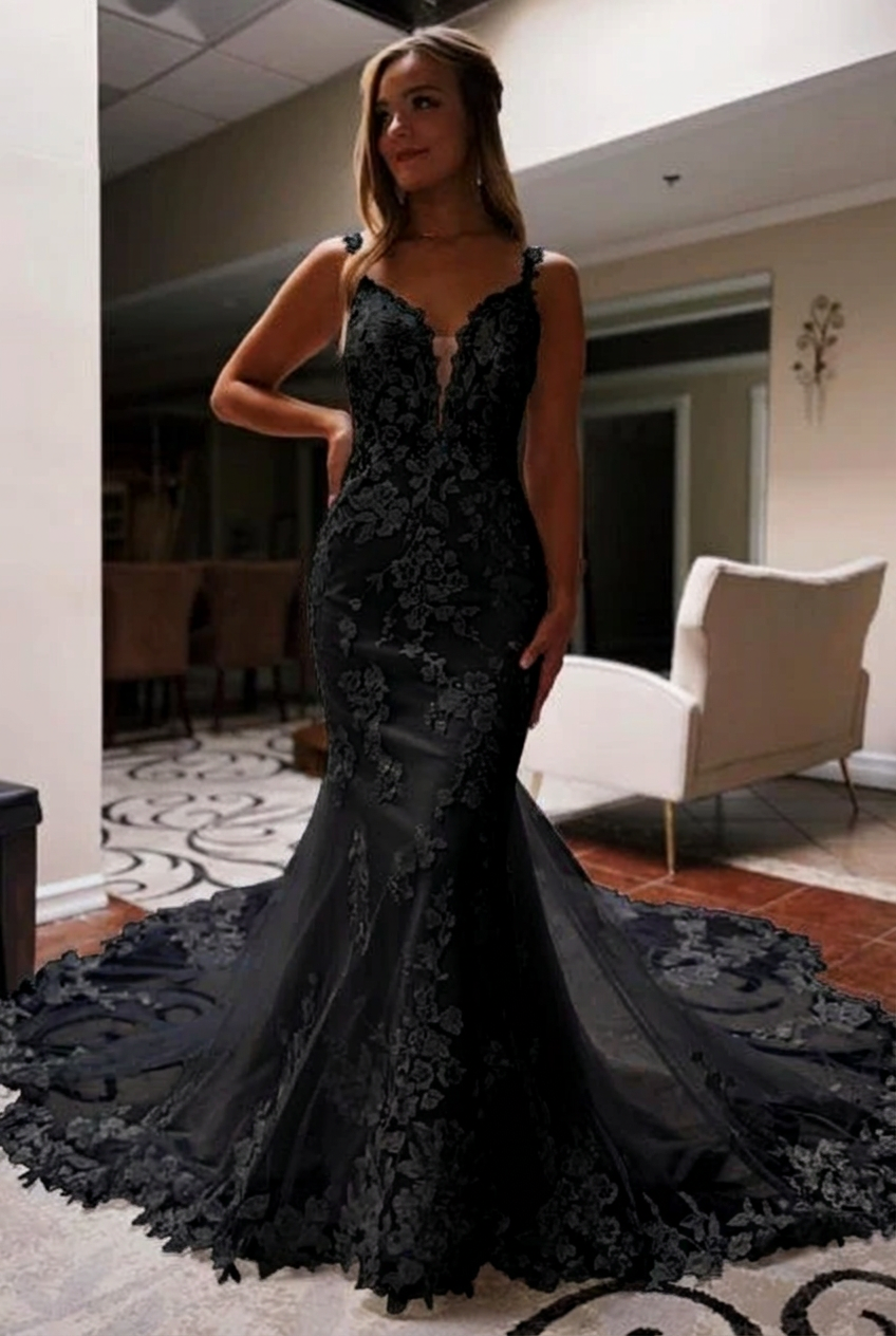 Black v-neck applique mermaid wedding dress