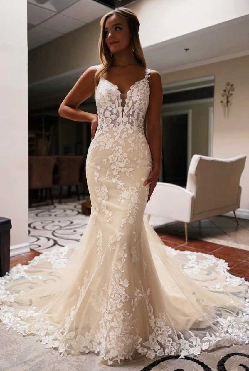Champagne v-neck applique mermaid wedding dress
