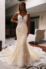 Champagne v-neck applique mermaid wedding dress