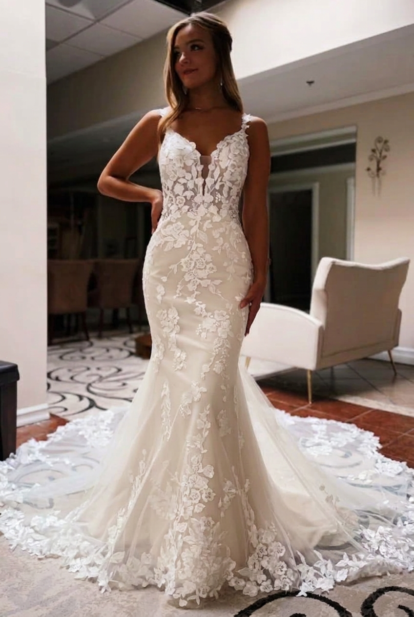 Ivory v-neck applique mermaid wedding dress